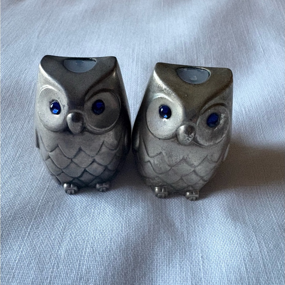 Vintage Pewter Owl Salt and Pepper Shakers w Blue Rhinestone Eyes